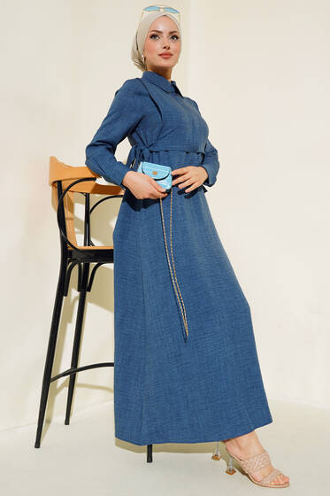 Yanları Bağlamalı Elbise İndigo - Elbise