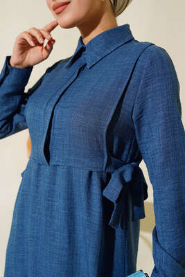 Yanları Bağlamalı Elbise İndigo - Tesettür Elbise