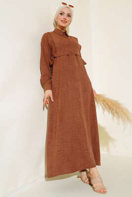 Yanları Bağlamalı Elbise Kahve - Tesettür Elbise