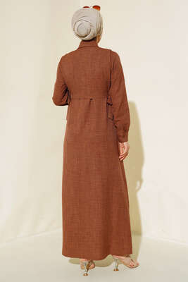 Yanları Bağlamalı Elbise Kahve - Tesettür Elbise