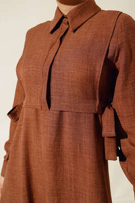 Yanları Bağlamalı Elbise Kahve - Tesettür Elbise