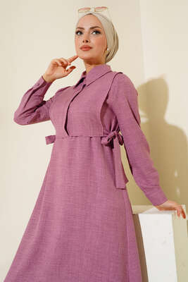 Yanları Bağlamalı Elbise Magenta - Tesettür Elbise