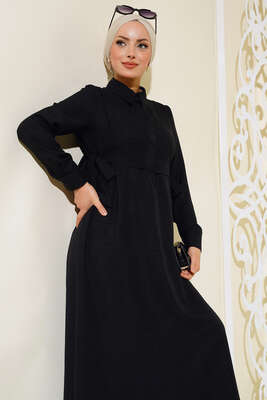 Yanları Bağlamalı Elbise Siyah - Tesettür Elbise