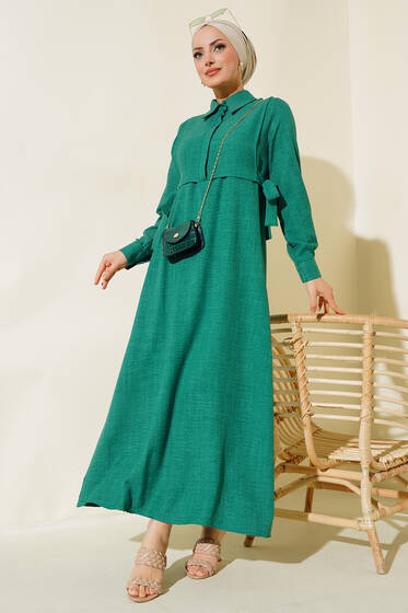 Yanları Bağlamalı Elbise Yeşil - Elbise
