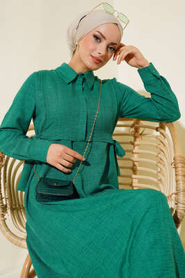 Yanları Bağlamalı Elbise Yeşil - Thumbnail