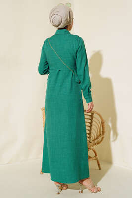 Yanları Bağlamalı Elbise Yeşil - Tesettür Elbise