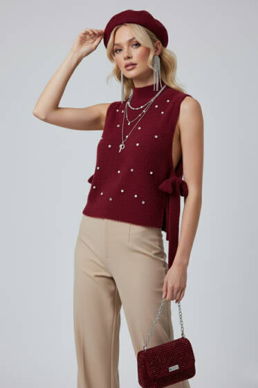 Yanları Bağlamalı İncili Sakallı Süveter Bordo - Kadın Giyim Modelleri