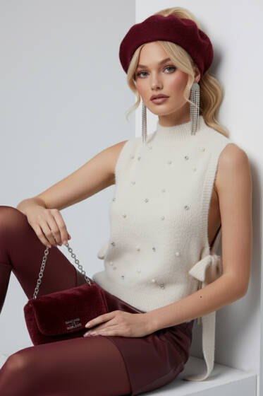 Yanları Bağlamalı İncili Sakallı Süveter Ekru - Kadın Giyim Modelleri