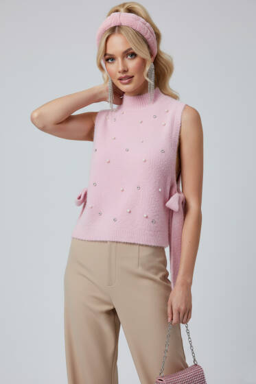 Yanları Bağlamalı İncili Sakallı Süveter Pembe - Kadın Giyim Modelleri