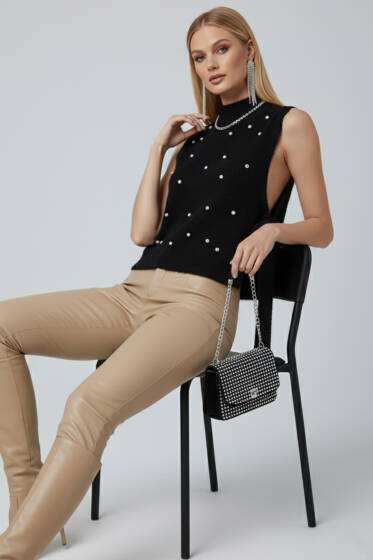 Yanları Bağlamalı İncili Sakallı Süveter Siyah - Kadın Giyim Modelleri