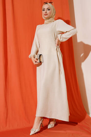 Yanları Bağlamalı Keten Elbise Bej - Elbise