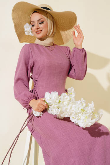 Yanları Bağlamalı Keten Elbise Gül Kurusu - Elbise