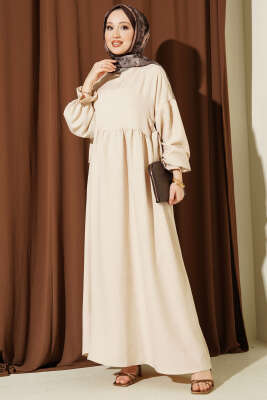 Yanları Bağlamalı Kloş Elbise Bej - ELİVA