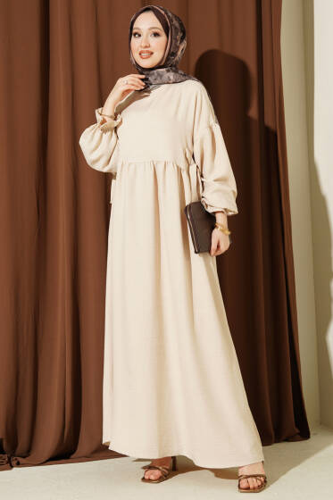 Yanları Bağlamalı Kloş Elbise Bej - Elbise
