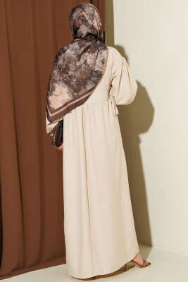 Yanları Bağlamalı Kloş Elbise Bej - Elbise