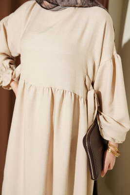 Yanları Bağlamalı Kloş Elbise Bej - Elbise