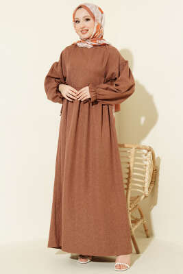 Yanları Bağlamalı Kloş Elbise Kahve - ELİVA