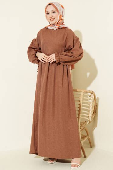 Yanları Bağlamalı Kloş Elbise Kahve - Elbise