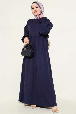 Yanları Bağlamalı Kloş Elbise Lacivert - ELİVA