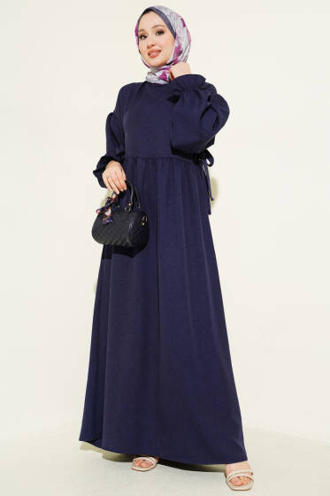 Yanları Bağlamalı Kloş Elbise Lacivert - Elbise