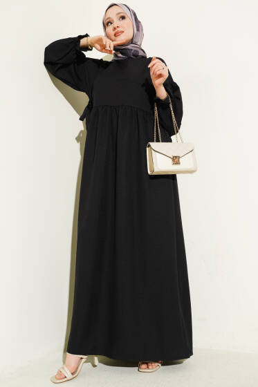 Yanları Bağlamalı Kloş Elbise Siyah - Elbise