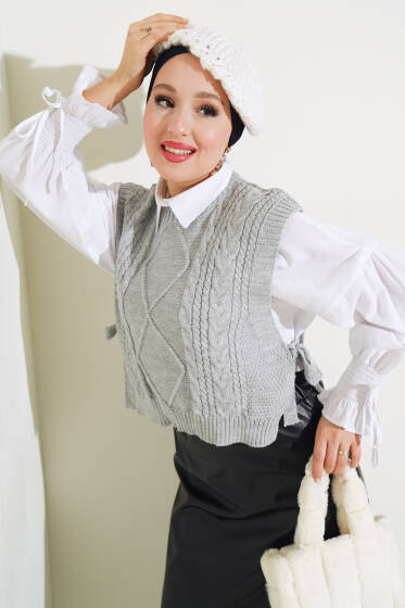 Yanları Bağlamalı Triko Kısa Süveter Gri - Triko