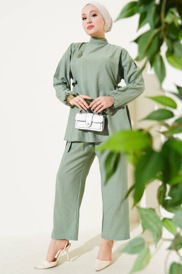 Yanları Bağlamalı Tunik İkili Takım Çağla Yeşili - İkili Takım
