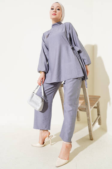 Yanları Bağlamalı Tunik İkili Takım Gri - İkili Takım
