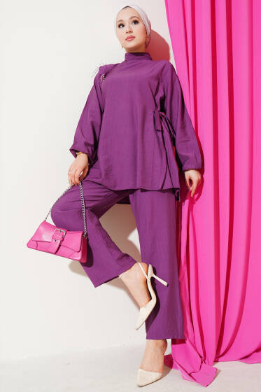 Yanları Bağlamalı Tunik İkili Takım Mor - İkili Takım