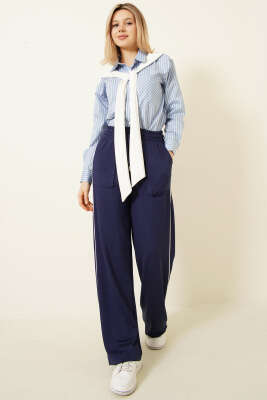 Yanları Biyeli Beli Lastikli Loyşa Pantolon Lacivert - Kadın Giyim Modelleri