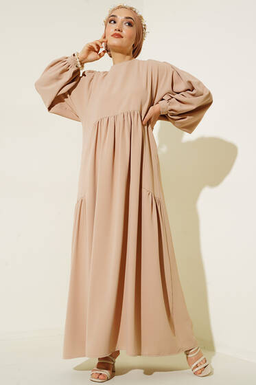 Yanları Büzgülü Balon Kol Elbise Bej - Tesettür Elbise