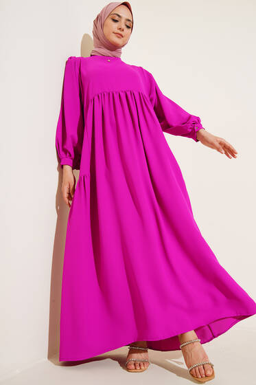 Yanları Büzgülü Balon Kol Elbise Fusya - Tesettür Elbise