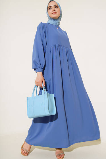 Yanları Büzgülü Balon Kol Elbise İndigo - Tesettür Elbise