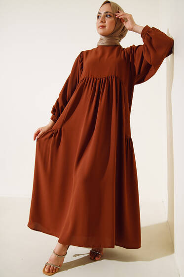 Yanları Büzgülü Balon Kol Elbise Kahve - Tesettür Elbise