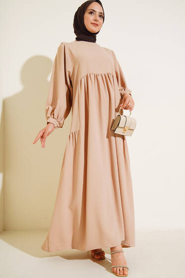 Yanları Büzgülü Balon Kol Elbise Latte - Tesettür Elbise