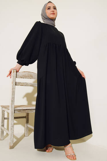 Yanları Büzgülü Balon Kol Elbise Siyah - Tesettür Elbise