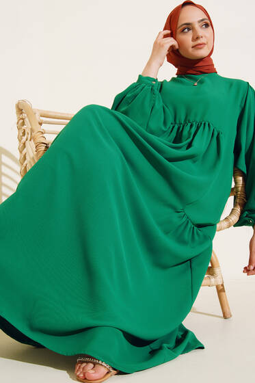 Yanları Büzgülü Balon Kol Elbise Zümrüt - Tesettür Elbise
