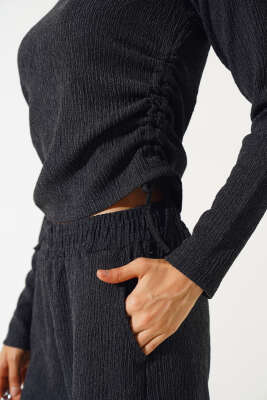 Yanları Büzgülü Bürümcük İkili Takım Antrasit - Kadın Giyim Modelleri