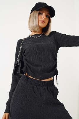 Yanları Büzgülü Bürümcük İkili Takım Antrasit - Kadın Giyim Modelleri