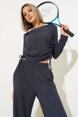 Yanları Büzgülü Bürümcük İkili Takım Bondi Mavisi - Kadın Giyim Modelleri