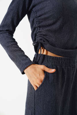 Yanları Büzgülü Bürümcük İkili Takım Bondi Mavisi - Kadın Giyim Modelleri