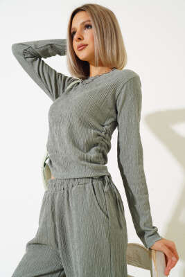 Yanları Büzgülü Bürümcük İkili Takım Çağla Yeşili - Kadın Giyim Modelleri