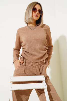 Yanları Büzgülü Bürümcük İkili Takım Camel - Kadın Giyim Modelleri