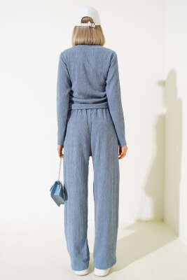 Yanları Büzgülü Bürümcük İkili Takım Mavi - Kadın Giyim Modelleri