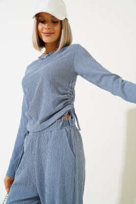 Yanları Büzgülü Bürümcük İkili Takım Mavi - Kadın Giyim Modelleri