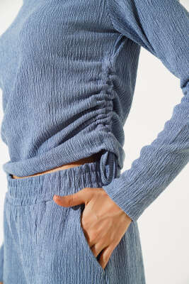 Yanları Büzgülü Bürümcük İkili Takım Mavi - Kadın Giyim Modelleri