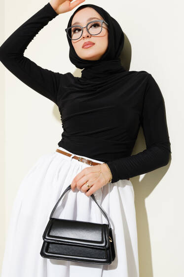 Yanları Büzgülü Sandy Bluz Siyah - Bluz