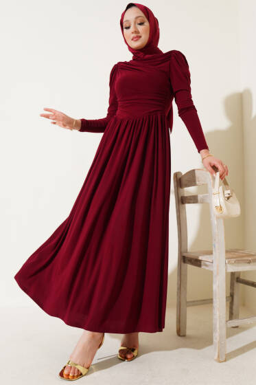 Yanları Büzgülü Sandy Elbise Bordo - Elbise