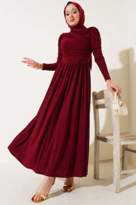 Yanları Büzgülü Sandy Elbise Bordo