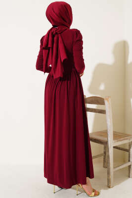 Yanları Büzgülü Sandy Elbise Bordo - Tesettür Elbise